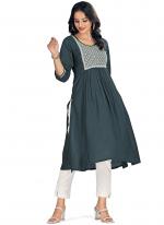 Rayon Grey Daily Wear Embroidery Work Readymade Kurti With Bottom